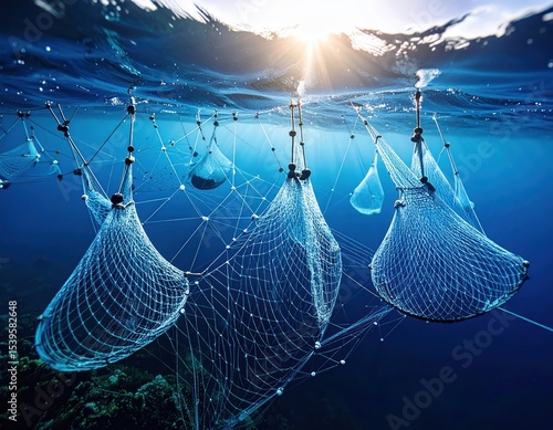 Underwater fishing nets. Sunlight streams through the water