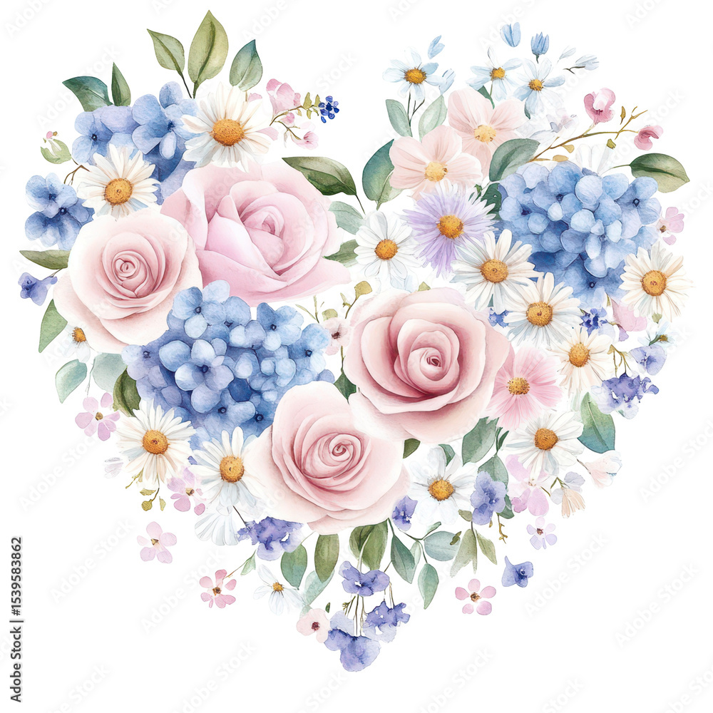 Fototapeta premium Floral Heart's Embrace: A beautifully crafted floral arrangement shaped like a heart, showcasing a delicate array of blooms in soft pastel hues.