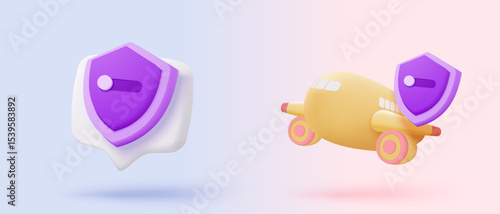 3D flight plane travel tourism trip with insurance policy. Tourism plane trip planning world tour with with shield protection icon on holiday summer. 3d icon vector airplane render illustration