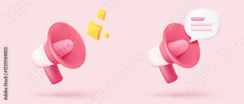 3d megaphone speaker or loudspeaker bullhorn for announce promotion in background, megaphone loud hailer with microphone, speakerphone. 3d icon vector render illustration for alert and announcement