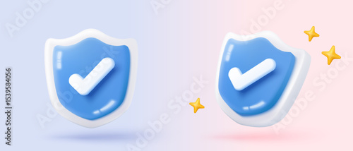 3D shield protection icon with check mark for online payment safety concept. Check mark, correct in minimalist style. 3d quality guarantee icon vector render illustration