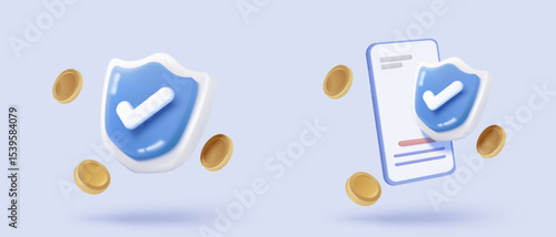 3D shield protection and banknote, money coin with secure for online payment on white background concept, icon user account for 3d security with payment protection on isolate vector render background