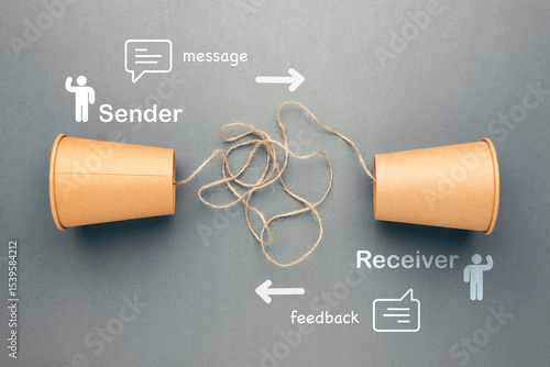Creative visual of two-way communication using paper cup phone, showing sender, receiver, message, and feedback — ideal for illustrating communication process and interaction