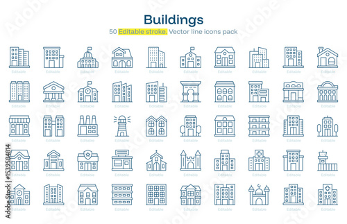 Buildings line icon pack. Buildings Stroke icon set. Editable Stroke icon