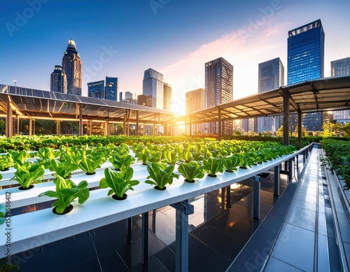 Urban rooftop farm bathed in sunlight, modern cityscape backdrop