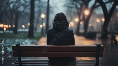 Lonely person sits on an empty bench staring into the distance with a heavy heart.