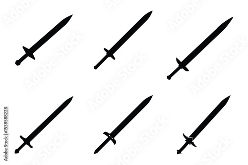 Collection of Six Simple Sword Icons Black Silhouette Designs for Game Assets, App Icons, or Web Graphics