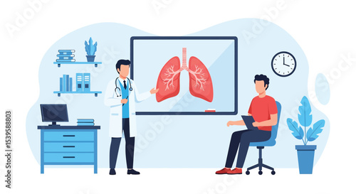 Adoe illustrator flat style vector artwork of Doctor explaining lung health to a patient in a medical office. Illustration of a consultation about respiratory system