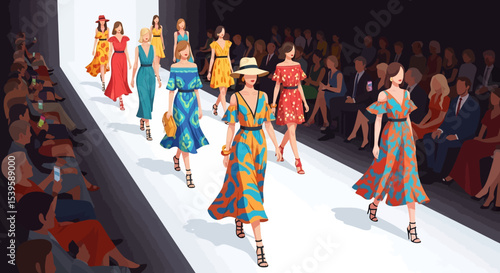 
Adobe illustrator artwork vector illustration of a vibrant fashion show with models showcasing diverse, stylish dresses on a brightly lit runway, surrounded by an appreciative audience