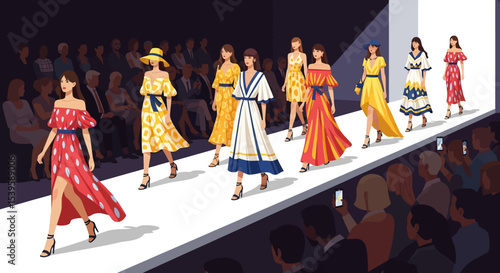 
Adobe illustrator artwork vector illustration of a vibrant fashion show with models showcasing diverse, stylish dresses on a brightly lit runway, surrounded by an appreciative audience