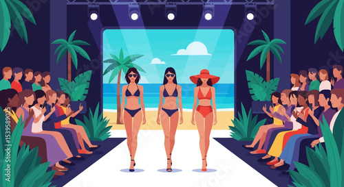 Adobe illustrator artwork vector illustration of a professional fashion show with models in swimwear on a catwalk, showcasing summer beach fashion and an elegant audience
