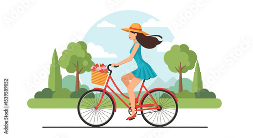 Adobe illustrator Flat style vector illustration of a woman cycling during her summer holiday in a park landscape