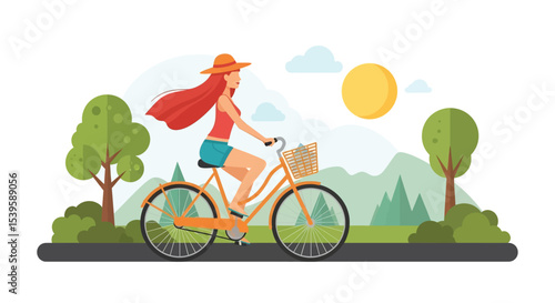 Adobe illustrator Flat style vector illustration of a woman cycling during her summer holiday in a park landscape