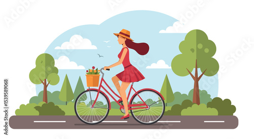 Adobe illustrator Flat style vector illustration of a woman cycling during her summer holiday in a park landscape