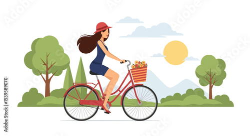 Adobe illustrator Flat style vector illustration of a woman cycling during her summer holiday in a park landscape