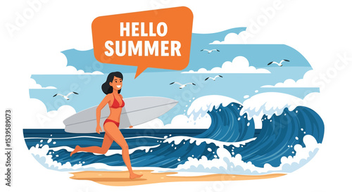 Adobe illustrator Flat style vector illustration of a woman running towards a large wave with his surfboard, exclaiming for summer holiday surfing fun	