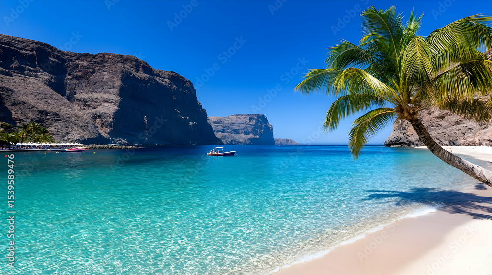 Fototapeta premium Guadalupe Island's tropical palm beach features turquoise waters, an exotic coastline, and the atmosphere of a Caribbean paradise.