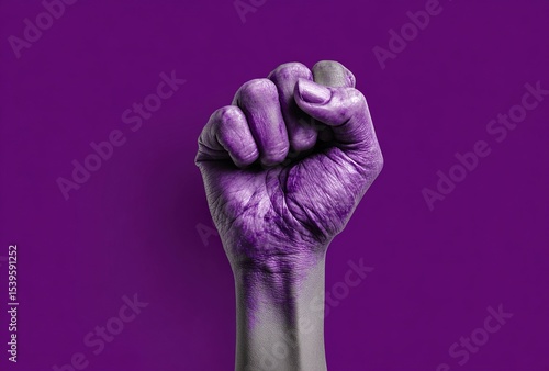 Raised purple fist of a woman for international women's day and the feminist movement. March 8 for feminism, independence, freedom, empowerment, and activism for women rights. High quality