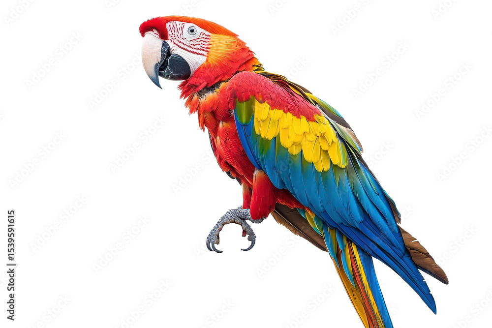 Fototapeta premium Vibrant macaw parrot perched on a branch against a white background, showcasing a stunning array of colors and intricate feather patterns