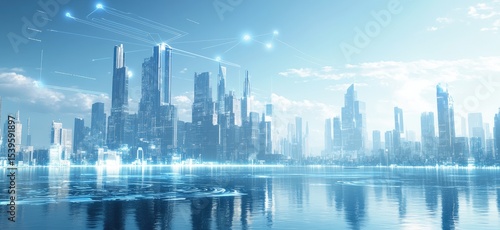 Fototapeta Naklejka Na Ścianę i Meble -  Futuristic city skyline by water with digital connections
