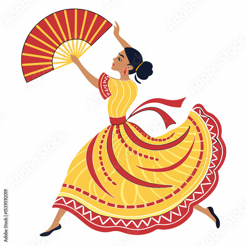 A woman in a yellow and red dress is holding a fan and dancing