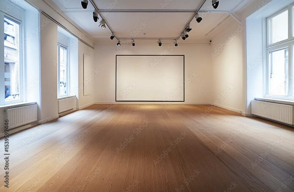 Empty art gallery space, white walls, large blank canvas, wooden floor, windows Empty art gallery space, white walls, large blank canvas, wooden floor, windows