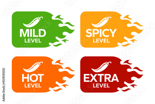 Red Chili Peppers Fire Flames icon. Chili mild level, spicy level, hot level, extra level Label. Hot Spicy green, yellow, orange icons. Logo Spicy. Extra chilli badge. Hand drawn. Vector illustration.