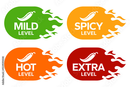 Red Chili Peppers Fire Flames icon. Chili mild level, spicy level, hot level, extra level Label. Hot Spicy green, yellow, orange icons. Logo Spicy. Extra chilli badge. Hand drawn. Vector illustration.
