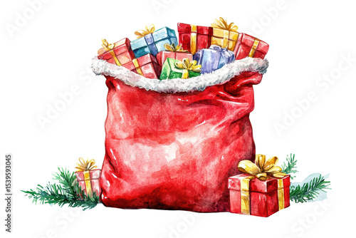 Bright festive watercolor illustration of Santa's red sack overflowing with colorful gifts, surrounded by green pine branches, celebrating the holiday spirit in a cheerful atmosphere
