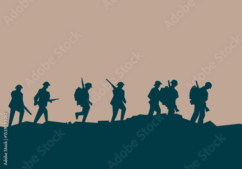 A silhouette vector of armed soldiers walking in formation on a battlefield.This flat war illustration is ideal for military-themed content, documentaries, posters, and historical warfare graphics