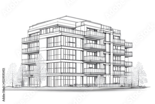 Detailed one line drawing of a modern apartment building featuring balconies and large windows in a serene urban setting during daylight hours