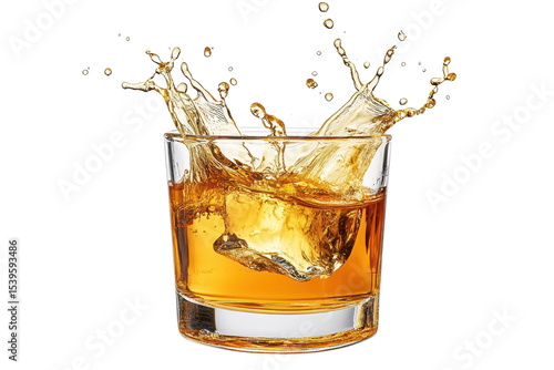 Golden whisky rum splash captures the dynamic moment of liquid artistry in a glass, showcasing the refreshing movement of spirits isolated on a transparent background