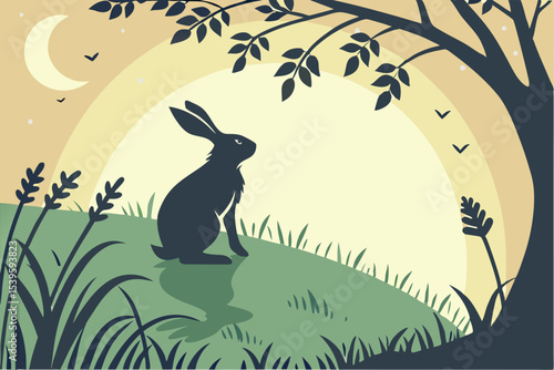 Holiday Bunny Silhouette – Grassy Scene with Sun or Moon