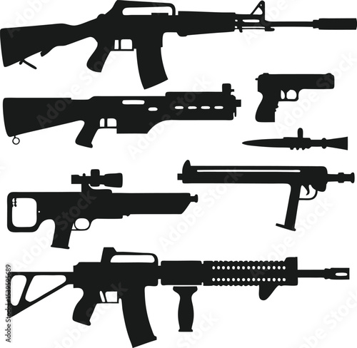Collection of Firearm Silhouettes Diverse Arsenal Displayed Assault Rifles Handguns and Specialized Weaponry in Black and White Detailed Vector Graphic