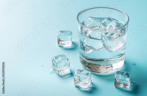 Wallpaper Mural Clear glass tumbler filled with water and ice cubes on a light blue surface Torontodigital.ca