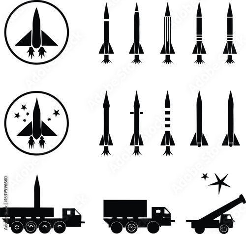 Silhouetted Military Might Vectors Depicting Missiles, Missile Launchers, Transport Trucks, and Crane Truck Symbolizing Armed Forces