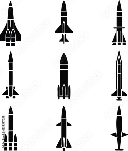 Silhouetted Rockets and Missiles Ascending into the Sky An Assortment of Aerospace Weaponry and Spacefaring Technology Represented