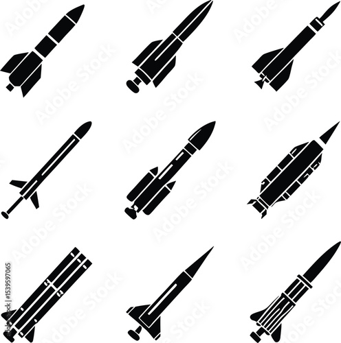 A Collection of Missile Silhouettes Displaying Different Designs and Configurations Showcasing Modern Weaponry and Aerospace Technology in a Clean and Bold Presentation