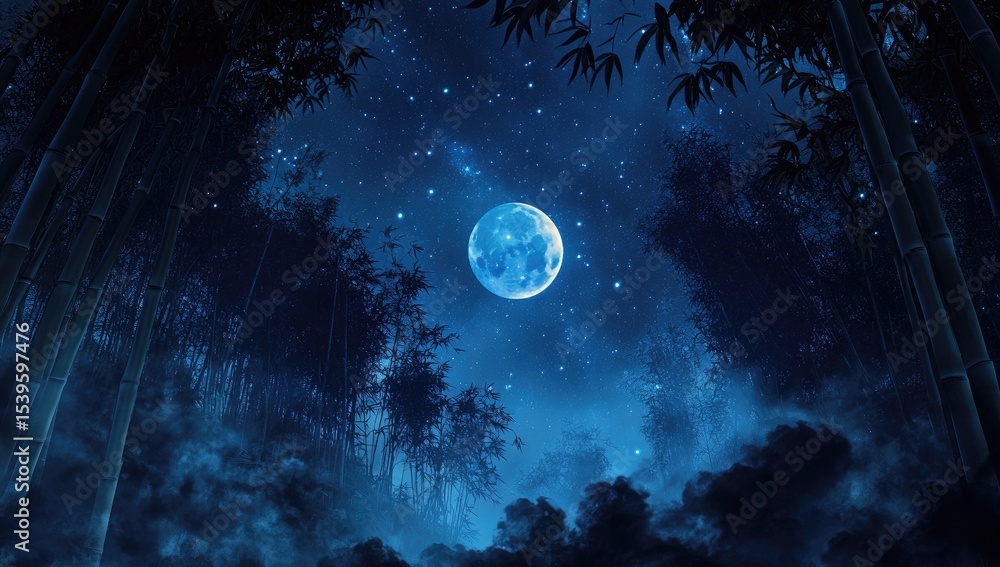 Fototapeta premium Mystical bamboo forest at night, full moon