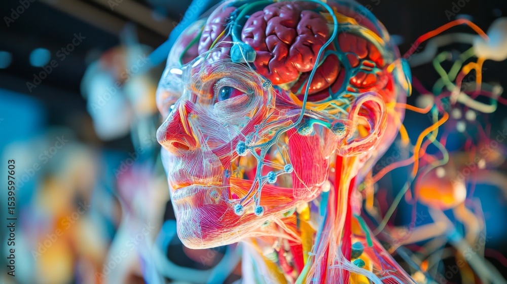 Fototapeta premium Anatomical model showcasing human brain and nerves in vibrant colors. A detailed study of the human body. Perfect for educational purposes and artistic inspirations. Generative AI