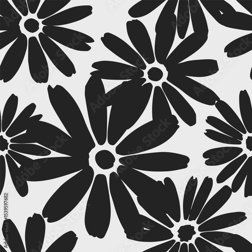 Flowers seamless pattern with wild floral white ink leaves on a black background. Hand drawn brush painting plant illustration. Nature botanical endless background.