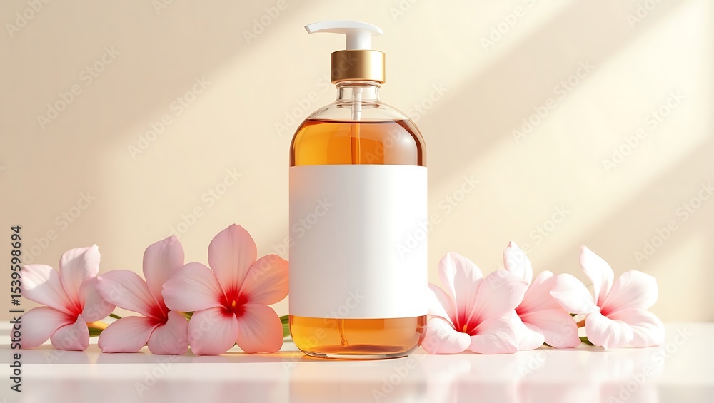 Organic skincare product mockup with flowers and blank label template Organic skincare product mockup with flowers and blank label template