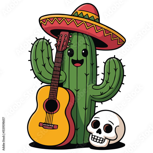 winner concept mexican cactus with guitar isolated vector illustration