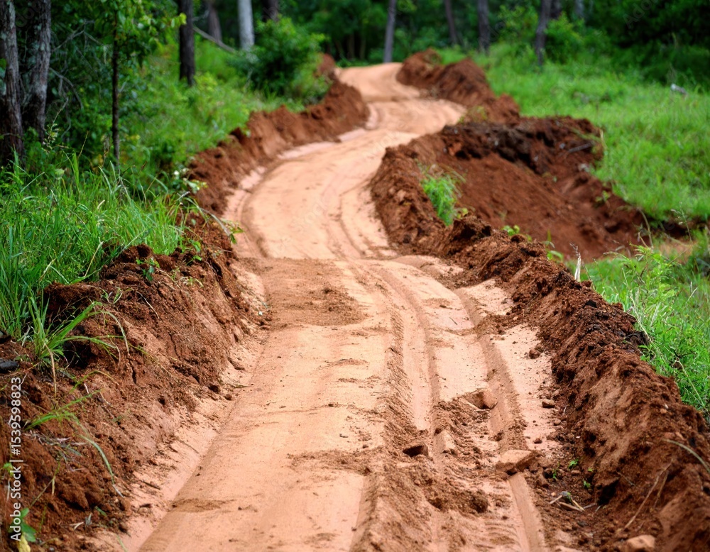 Winding dirt road under construction, flanked by reddish-brown earth berms, through a lush green forest Winding dirt road under construction, flanked by reddish-brown earth berms, through a lush green forest