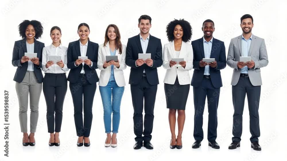 Digital Connection: A diverse group of professionals stand together, each holding a digital tablet. They are connected by the digital world. Digital Connection: A diverse group of professionals stand together, each holding a digital tablet. They are connected by the digital world.