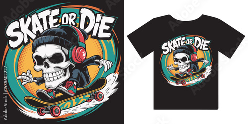 T shirt design of Skateboarding Skull with Headphones - "Skate or Die" Urban Lifestyle Design

