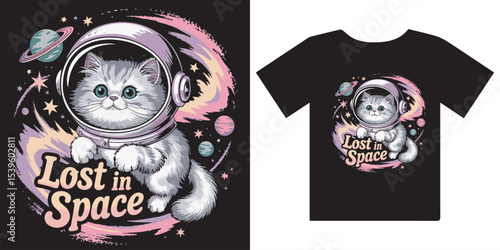 T shirt design of Cute Astronaut Cat Floating in Space - "Lost in Space" Adorable Cosmic Design