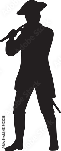 Black silhouette of a man in a tricorn hat and coat, standing with authority, great for revolutionary war or historical art projects