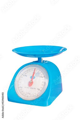 Blue analog kitchen scale with weighing bowl and measurement dial showing weight capacity up to 3kg for cooking and baking needs