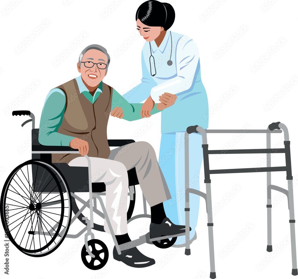 elderly man in a wheelchair and a nurse elderly man in a wheelchair and a nurse